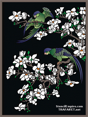 Perroquets sur magnolia - pochoir pour la décoration