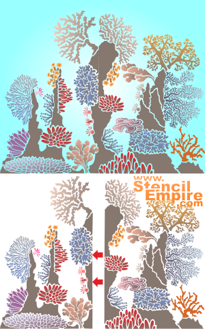 Deux parties du récif (Pochoirs avec des habitants des récifs coralliens)