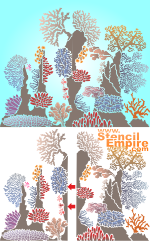 Twee delen van het rif (Stencils met koraalrifbewoners)